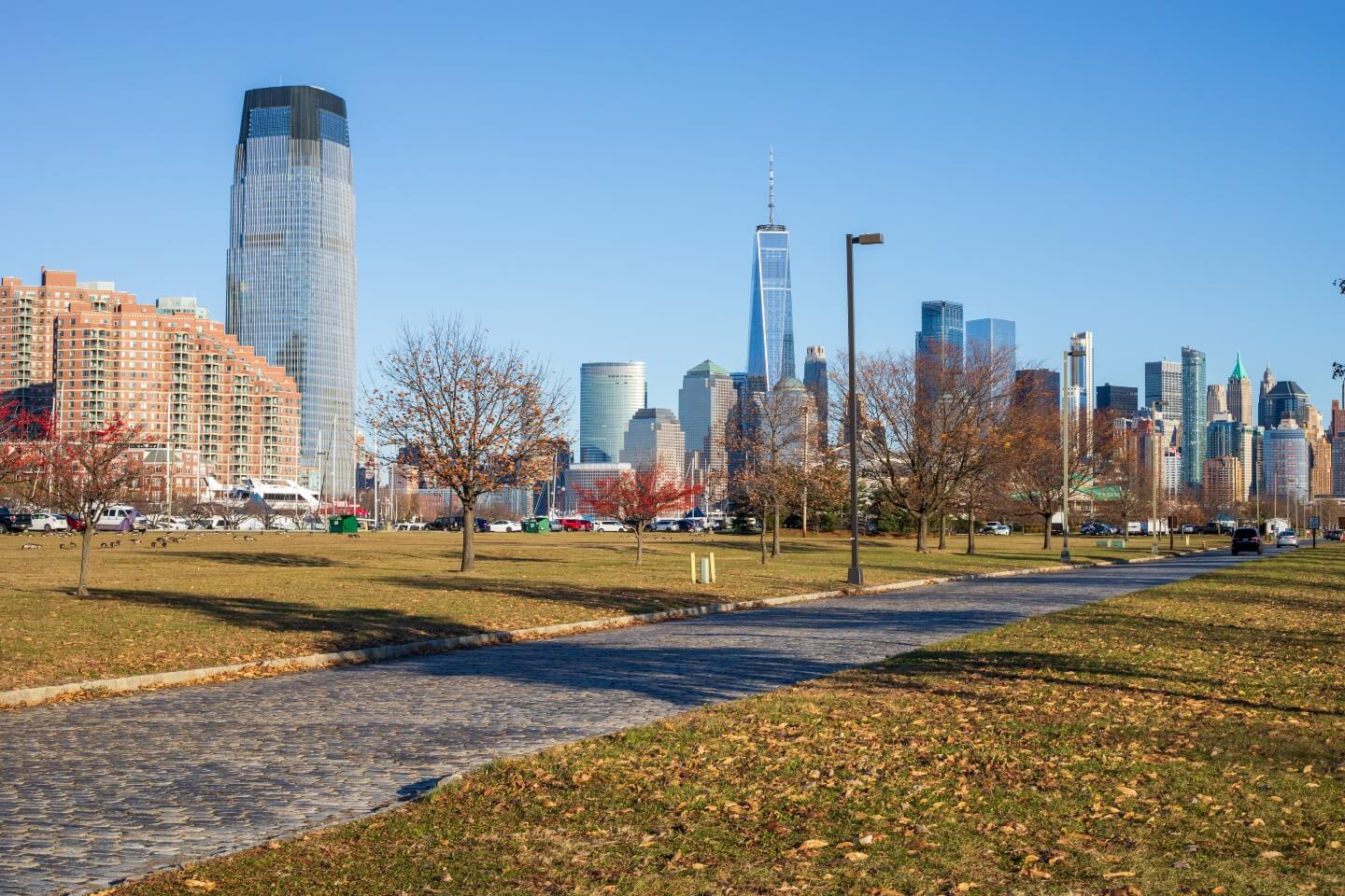 Park and city buildings in downtown South Plainfield New Jersey