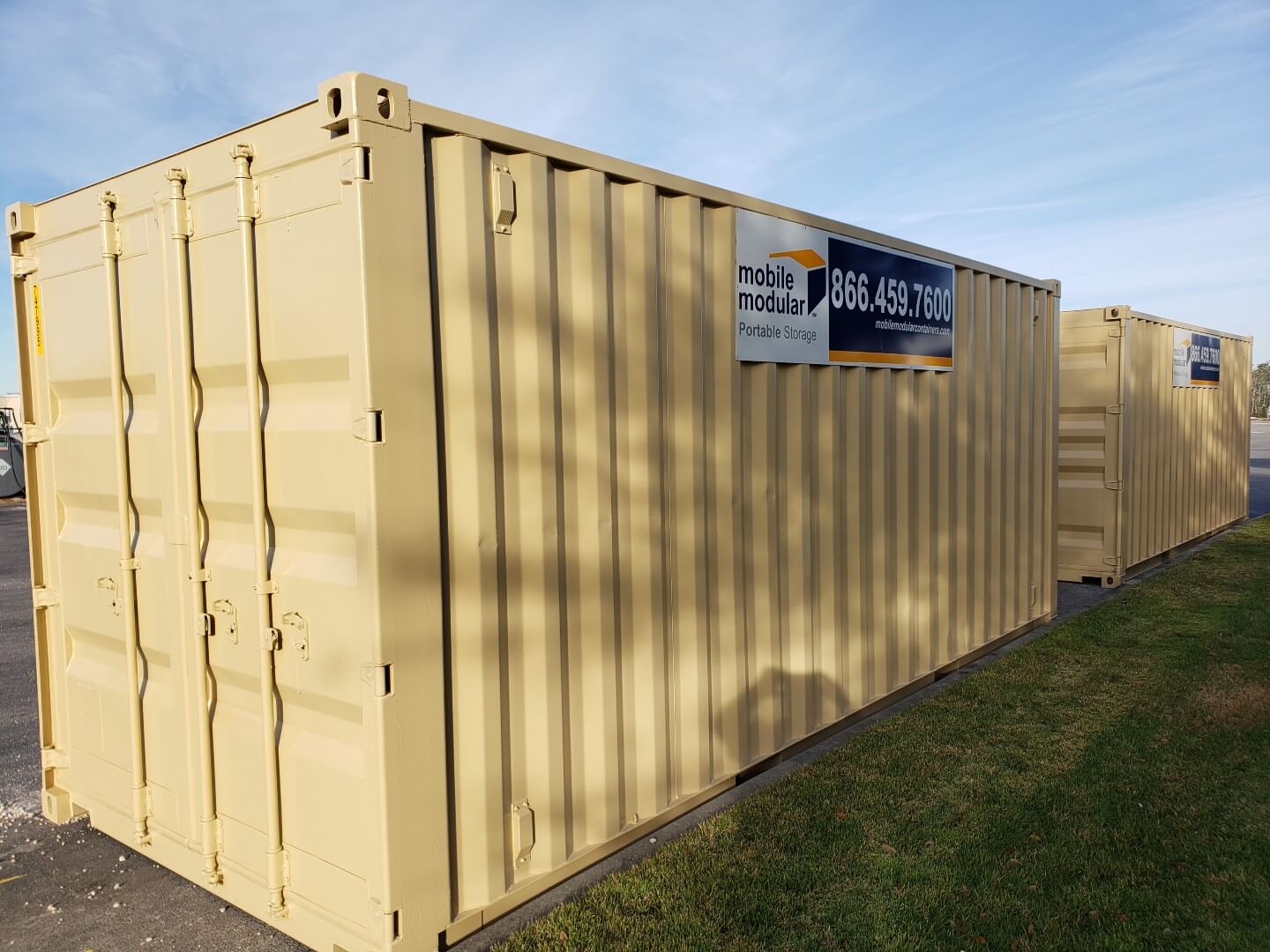 Row or portable storage container trucks on the road