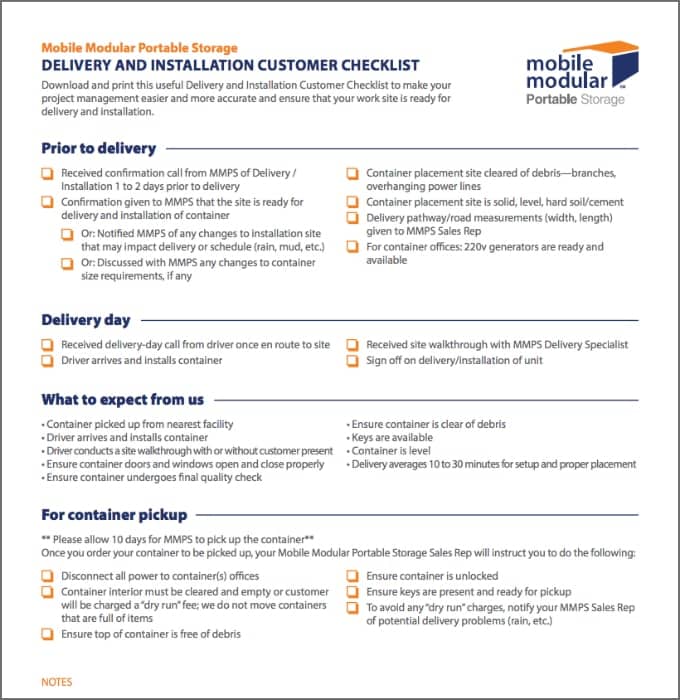 Delivery and Installation Checklist